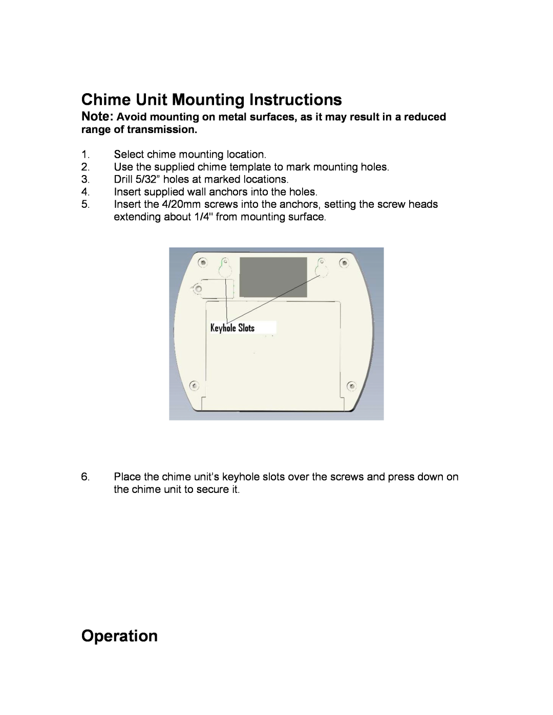 Jasco 19242 installation instructions Chime Unit Mounting Instructions, Operation 