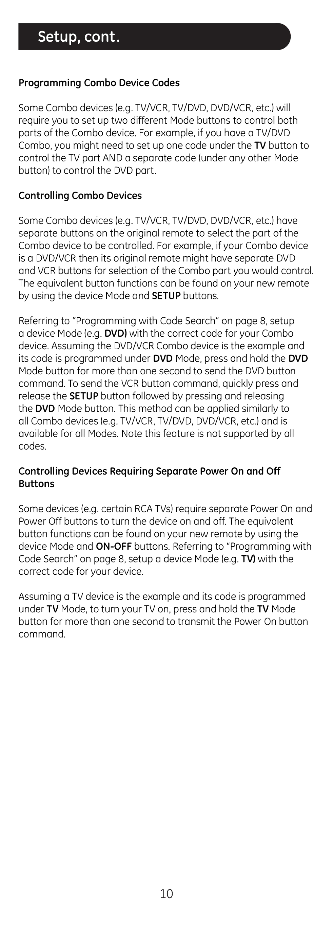 Jasco 20626 instruction manual Setup, Programming Combo Device Codes, Controlling Combo Devices 