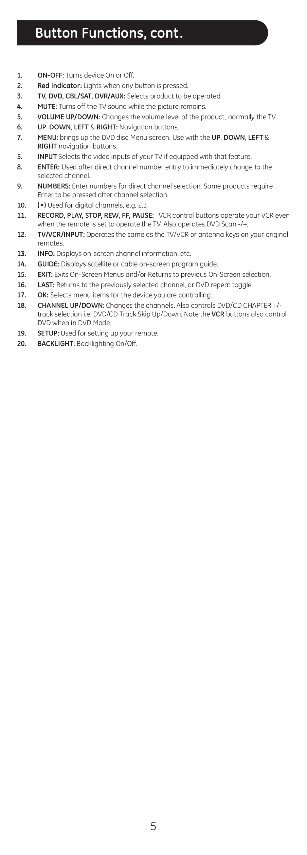 Jasco 20626 instruction manual Button Functions 