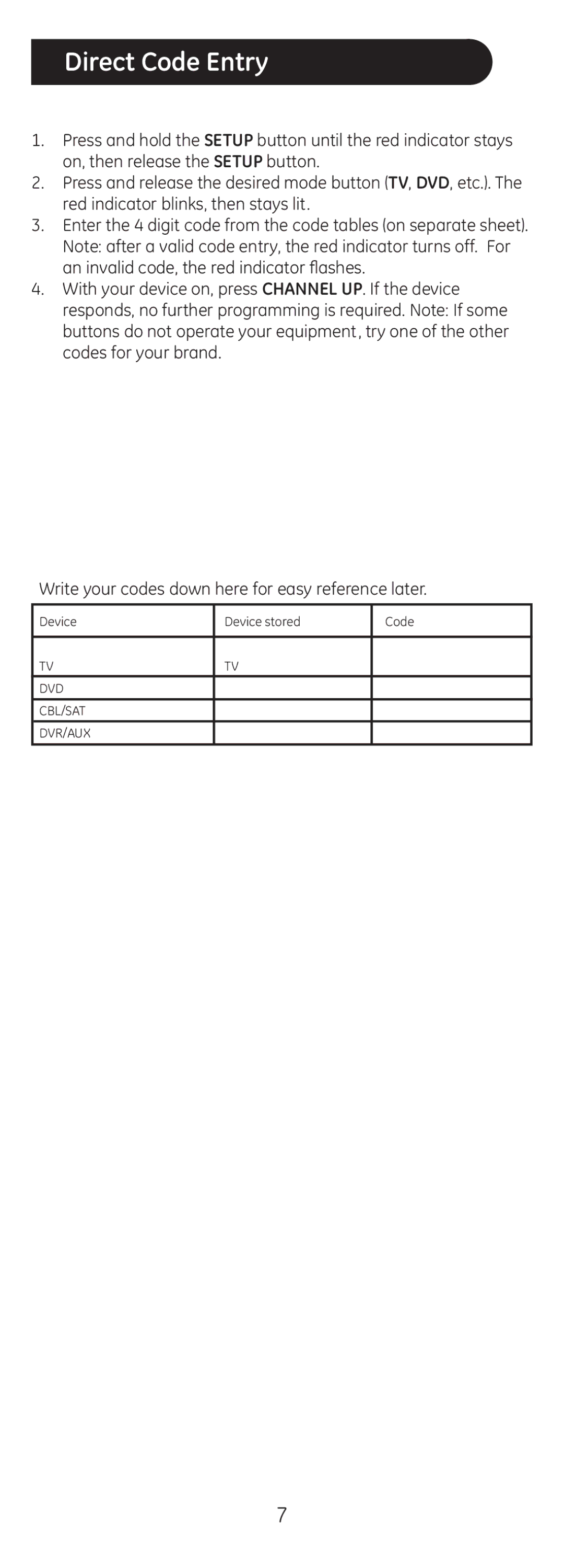 Jasco 20626 instruction manual Direct Code Entry 