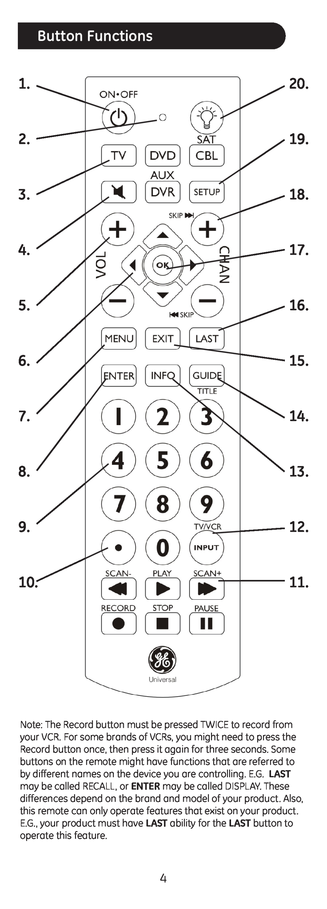 Jasco 20626 instruction manual Button Functions 