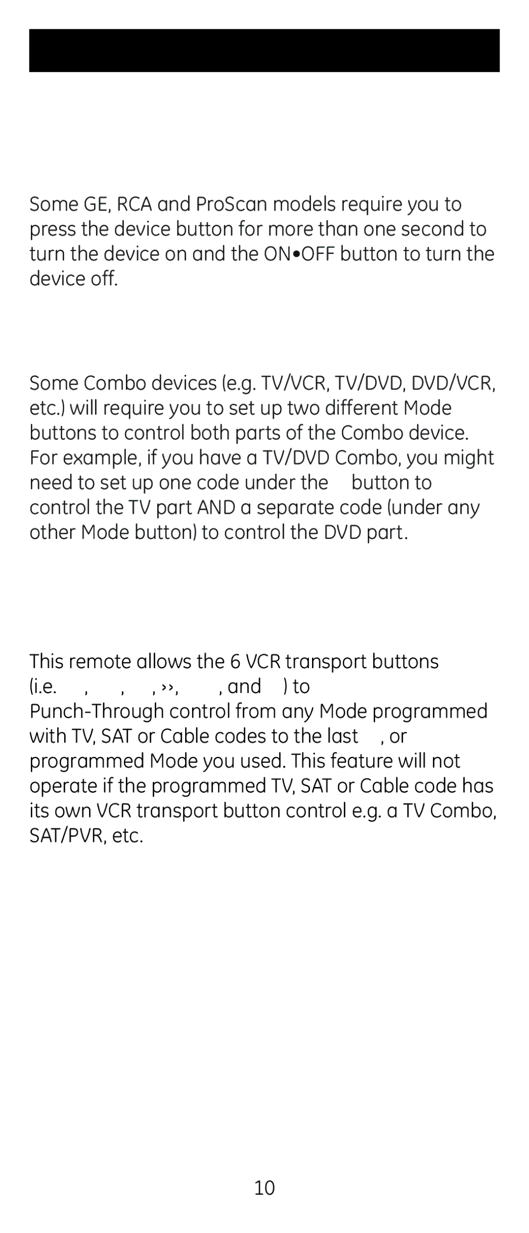 Jasco 24944 Controlling Devices with Separate Power On and Off Buttons, Controlling Combo Devices, VCR/DVD Punch-Through 