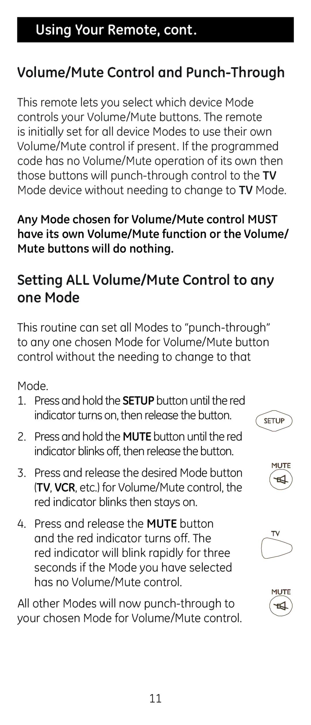 Jasco 24944 instruction manual Volume/Mute Control and Punch-Through, Setting ALL Volume/Mute Control to any one Mode 