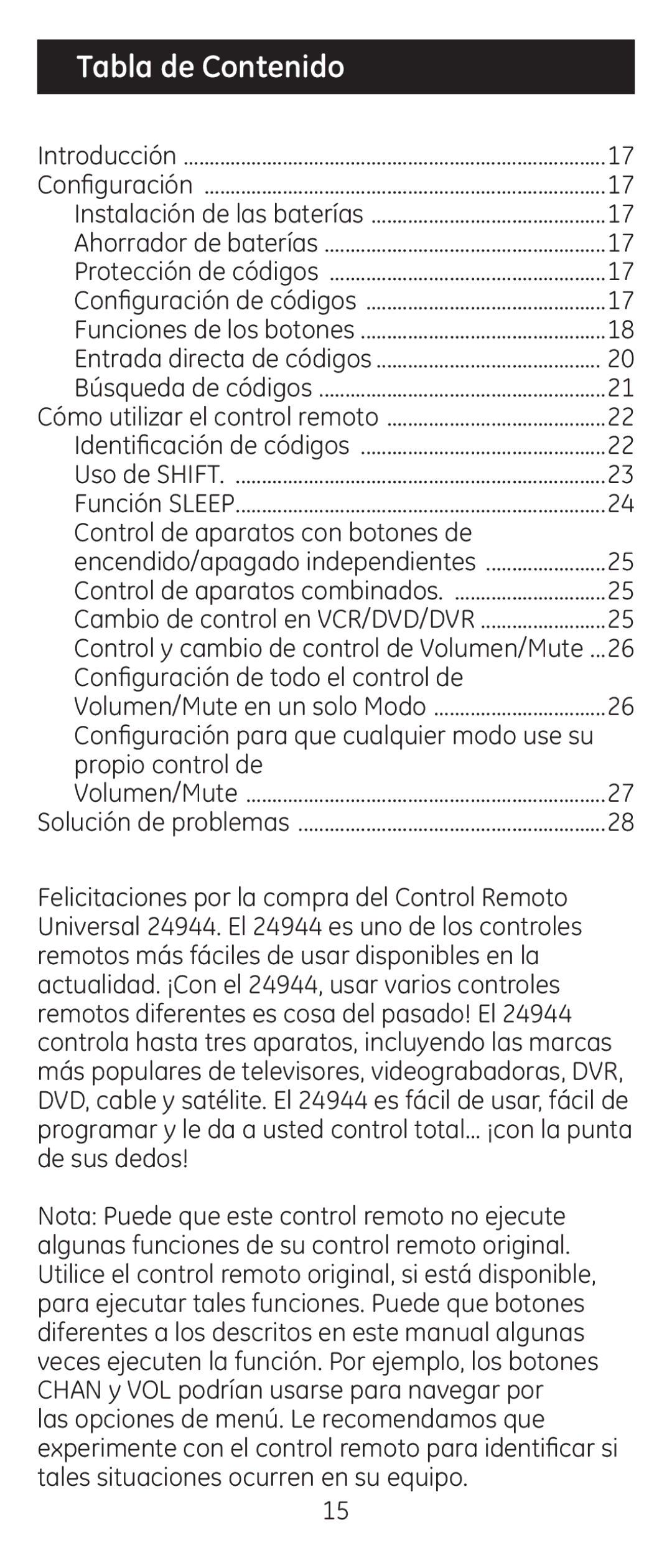 Jasco 24944 instruction manual Tabla de Contenido, Control de aparatos con botones de 