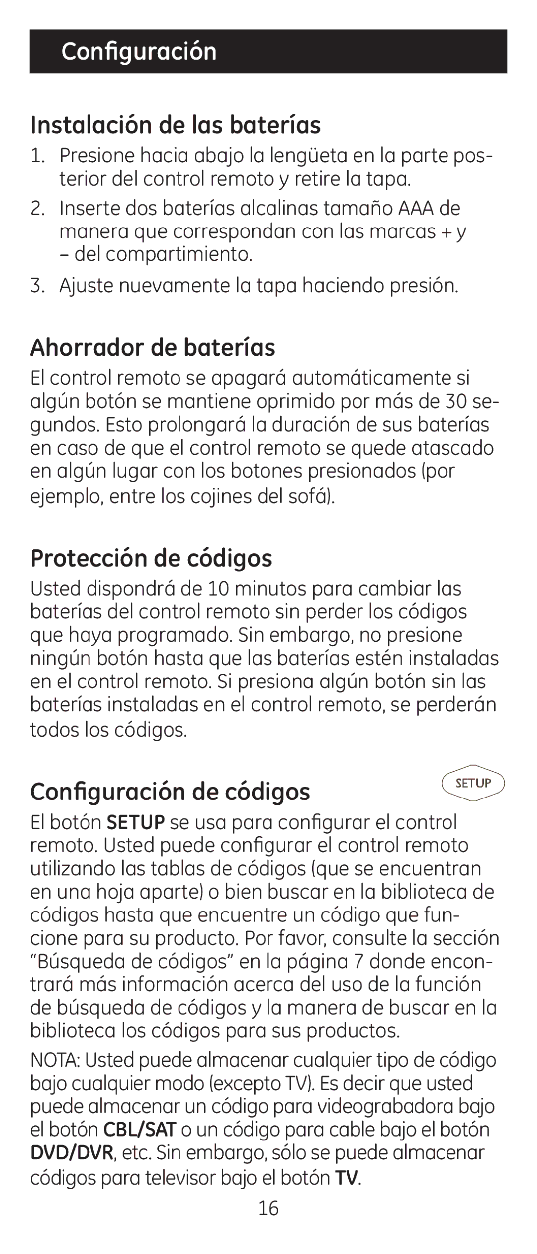 Jasco 24944 instruction manual Configuración, Instalación de las baterías, Ahorrador de baterías, Protección de códigos 