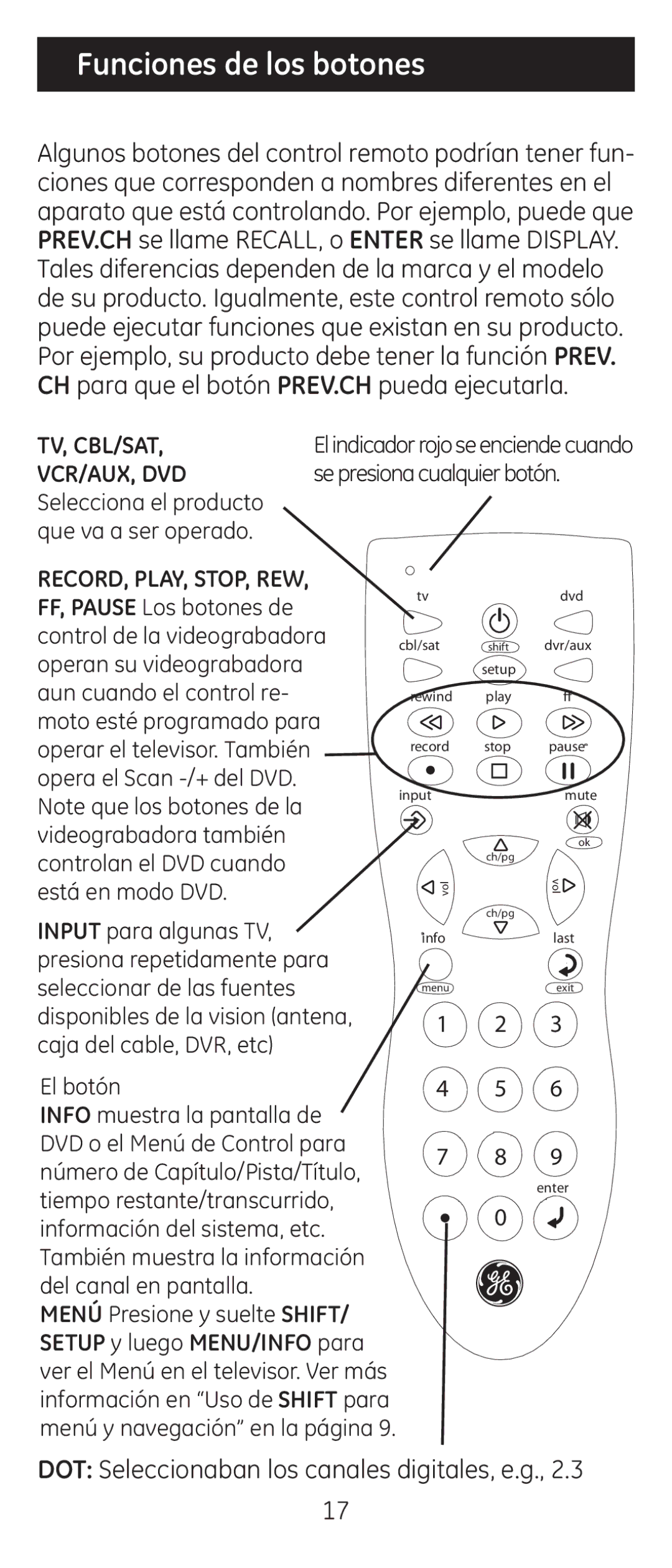 Jasco 24944 instruction manual Funciones de los botones, Selecciona el producto Que va a ser operado 