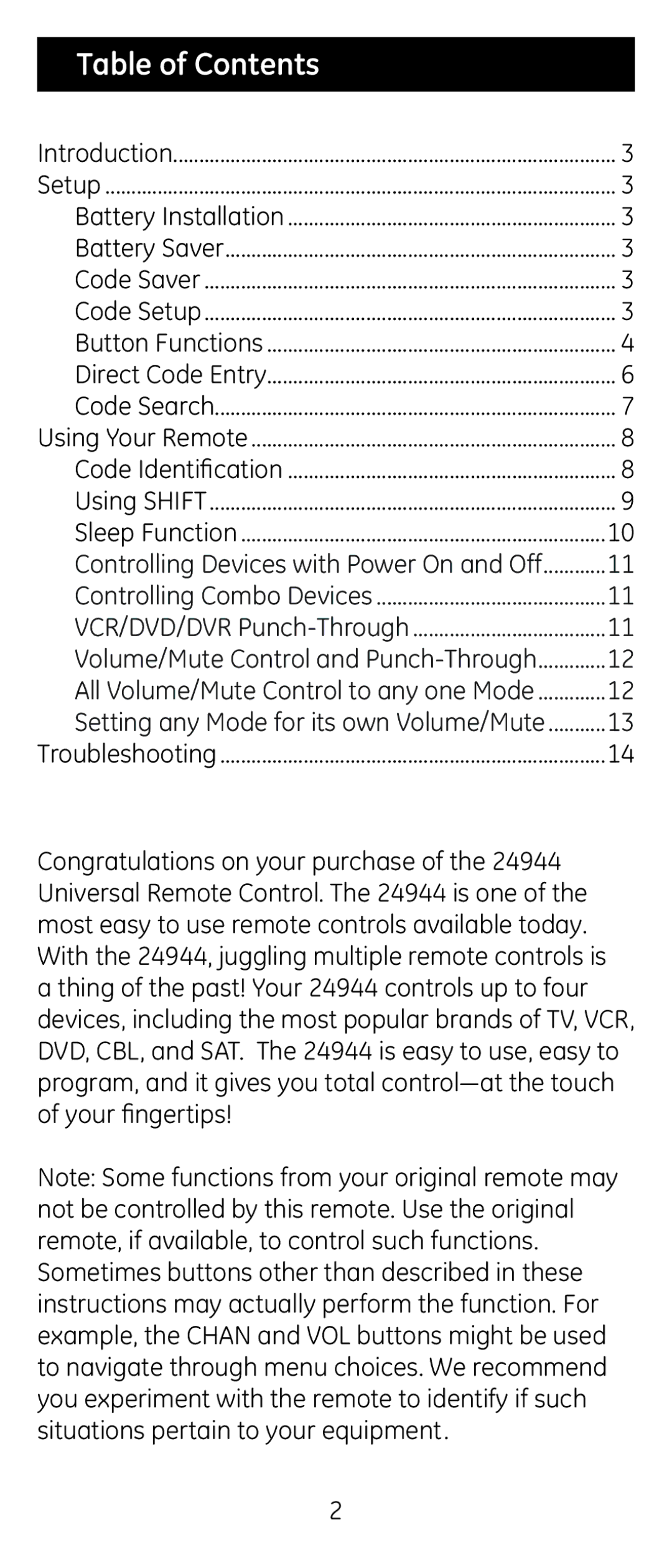 Jasco 24944 instruction manual Table of Contents 