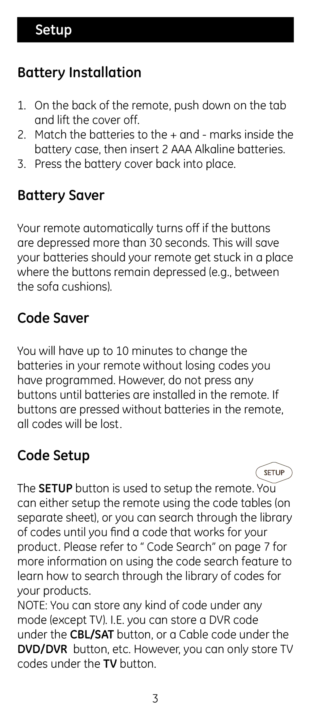 Jasco 24944 instruction manual Battery Installation, Battery Saver, Code Saver, Code Setup 