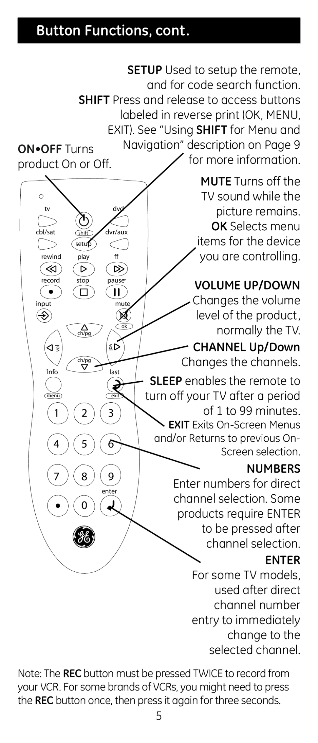 Jasco 24944 instruction manual Button Functions, Onoff Turns, Channel Up/Down 