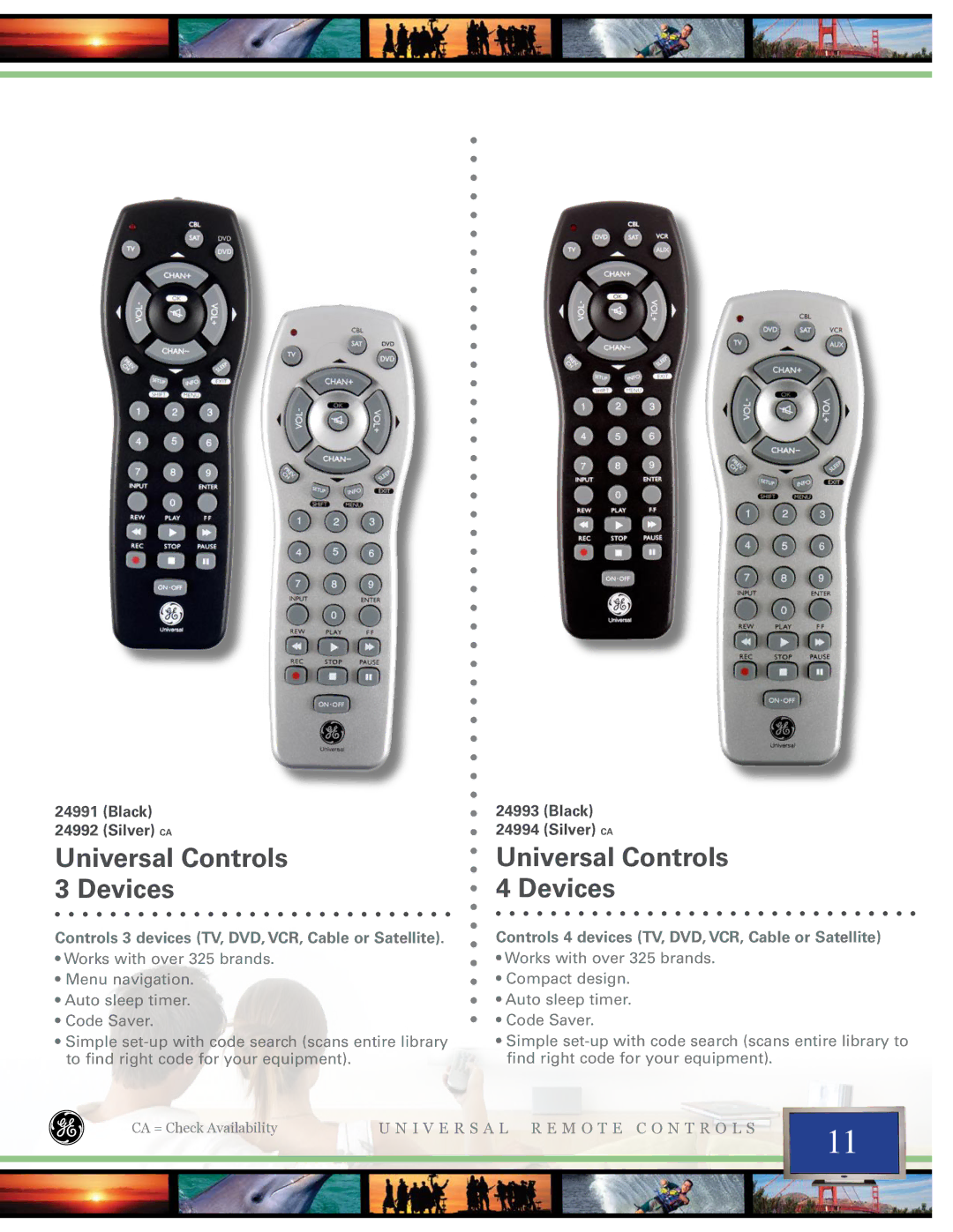 Jasco 24945, 25001, 24970, 24977, 24994, 24973 Universal Controls Devices, Controls 3 devices TV, DVD, VCR, Cable or Satellite 