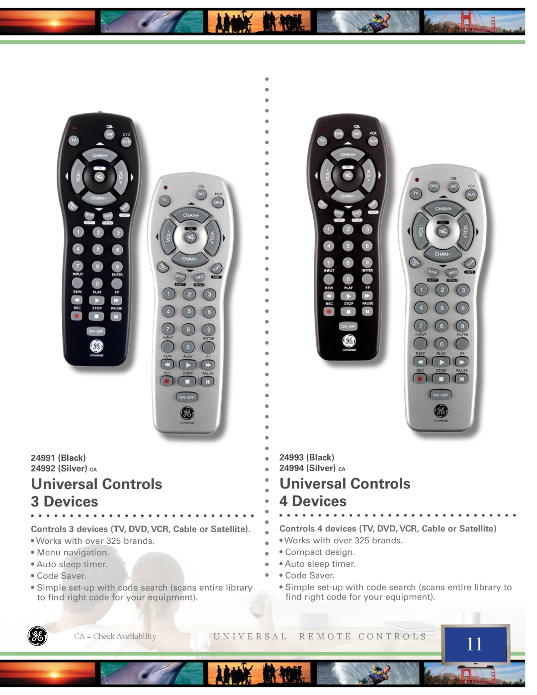 Jasco 24945 manual Universal Controls 3 Devices, Universal Controls 4 Devices, Black 24992 Silver CA, Black 24994 Silver CA 
