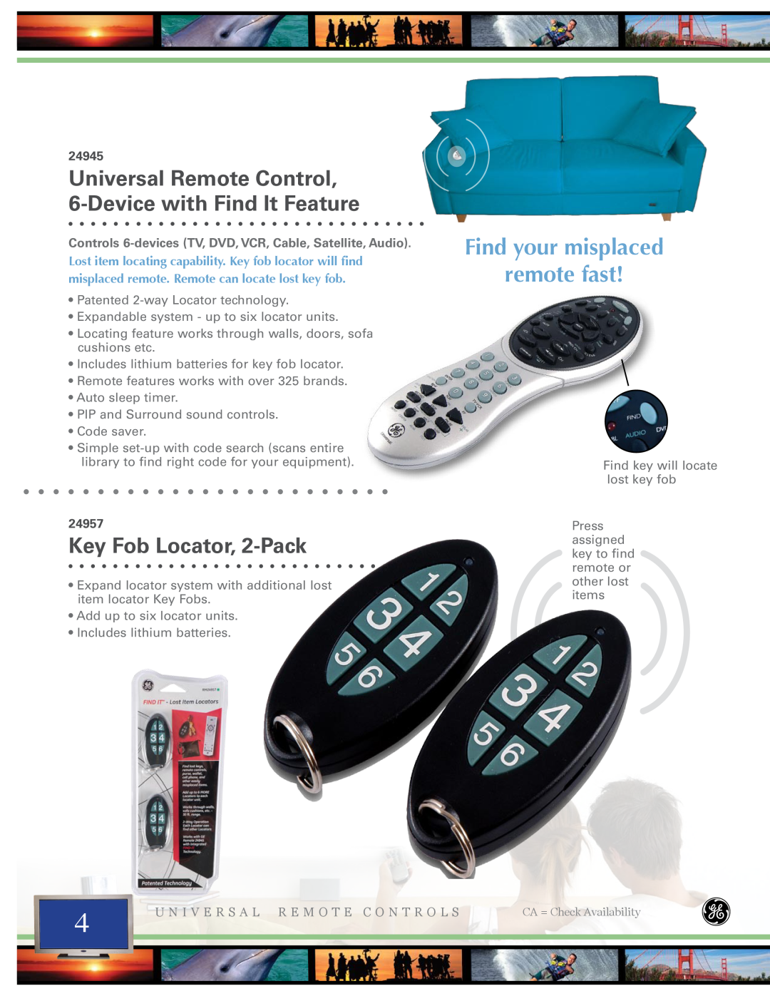 Jasco 24973, 25001, 24970 Universal Remote Control 6-Device with Find It Feature, Key Fob Locator, 2-Pack, 24945, 24957 
