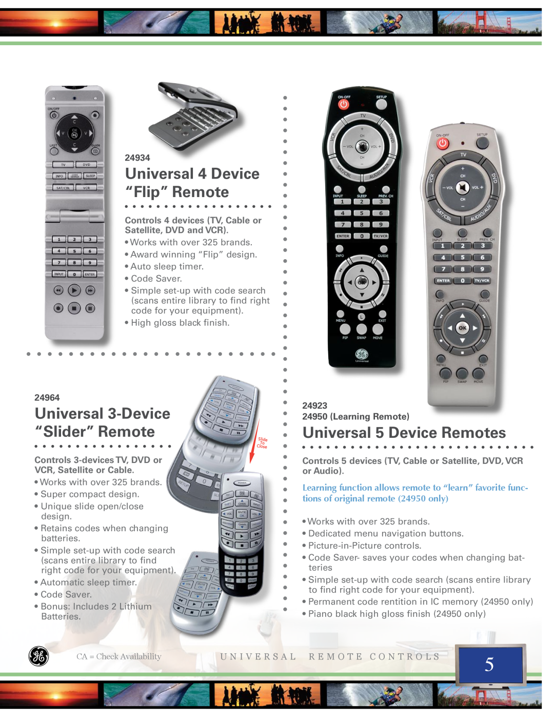 Jasco 24965 manual Universal 4 Device “Flip” Remote, Universal 3-Device, “Slider” Remote, Universal 5 Device Remotes, 24934 
