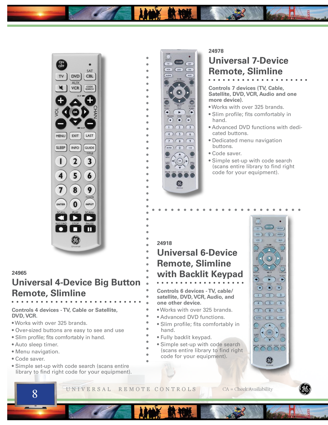 Jasco 24974 manual Universal 4-Device Big Button Remote, Slimline, Universal 7-Device Remote, Slimline, 24965, 24978, 24918 