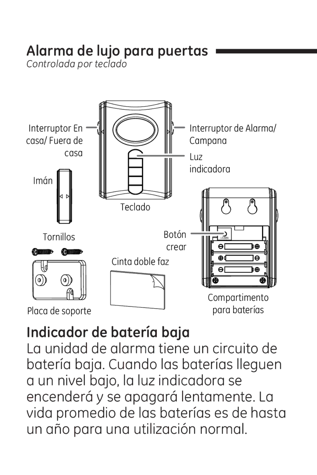 Jasco 45117 user manual Alarma de lujo para puertas, Indicador de batería baja 