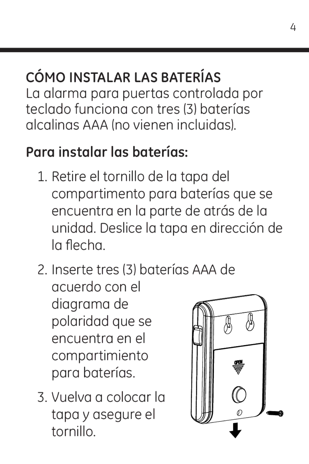 Jasco 45117 user manual Cómo Instalar LAS Baterías, Para instalar las baterías 