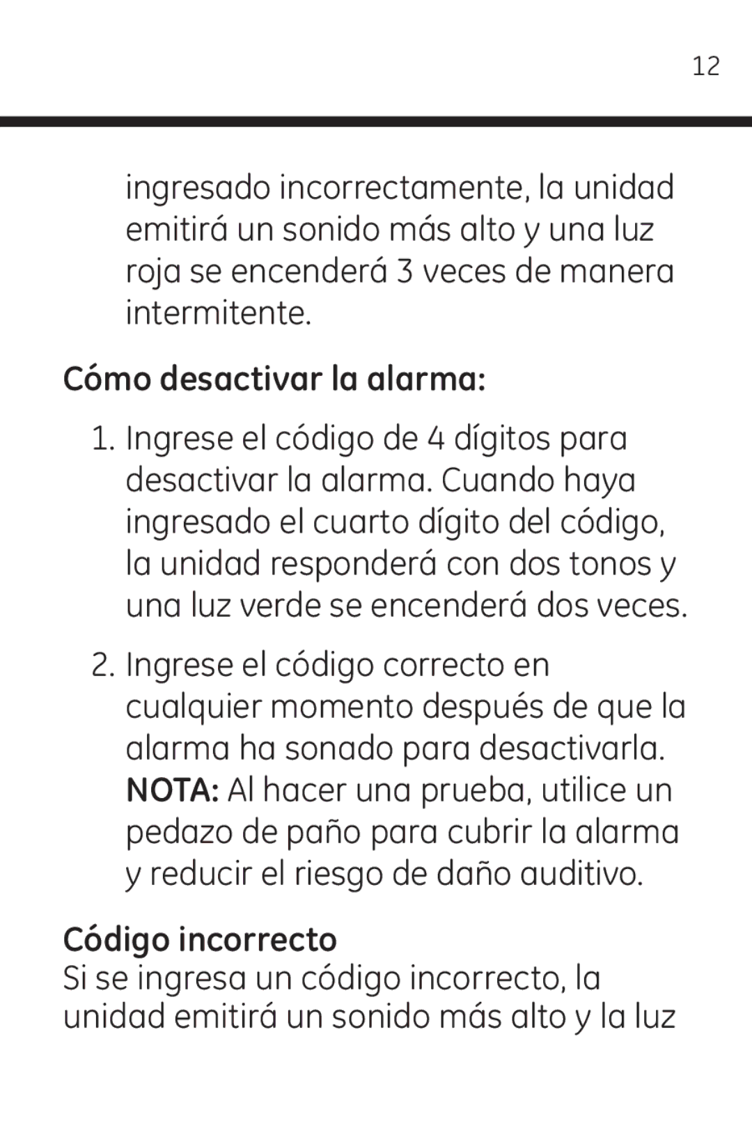 Jasco 45117 user manual Cómo desactivar la alarma, Código incorrecto 