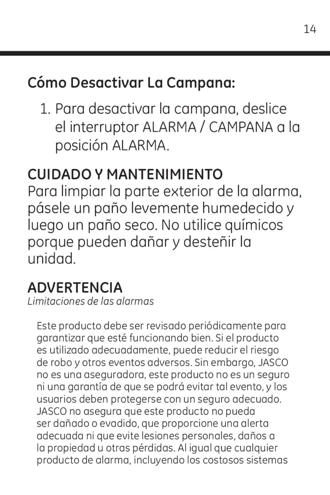 Jasco 45117 user manual Cómo Desactivar La Campana, Cuidado Y Mantenimiento, Advertencia 