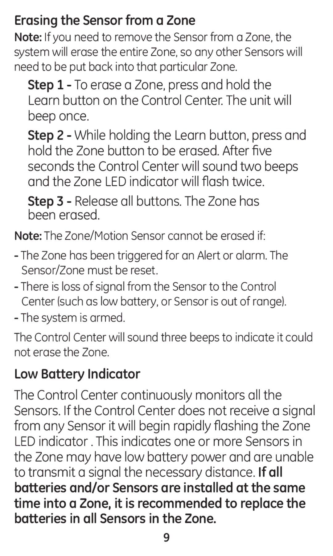 Jasco 45132 user manual Erasing the Sensor from a Zone, Low Battery Indicator 