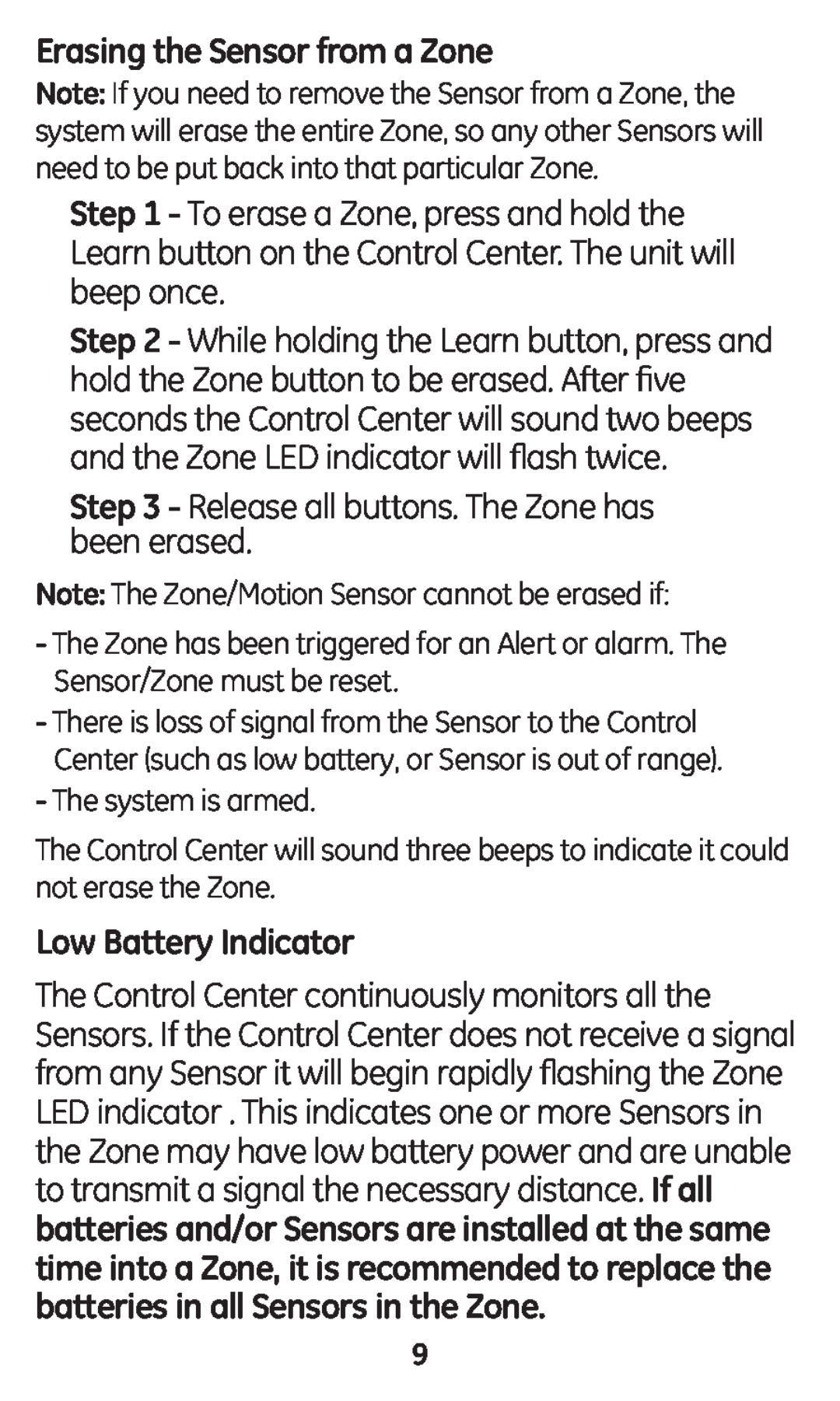 Jasco 45132 user manual Erasing the Sensor from a Zone, Low Battery Indicator 