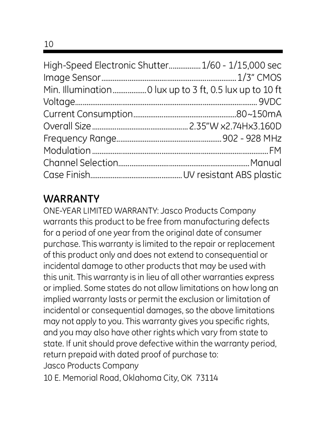 Jasco 45233 user manual Warranty, 9VDC 