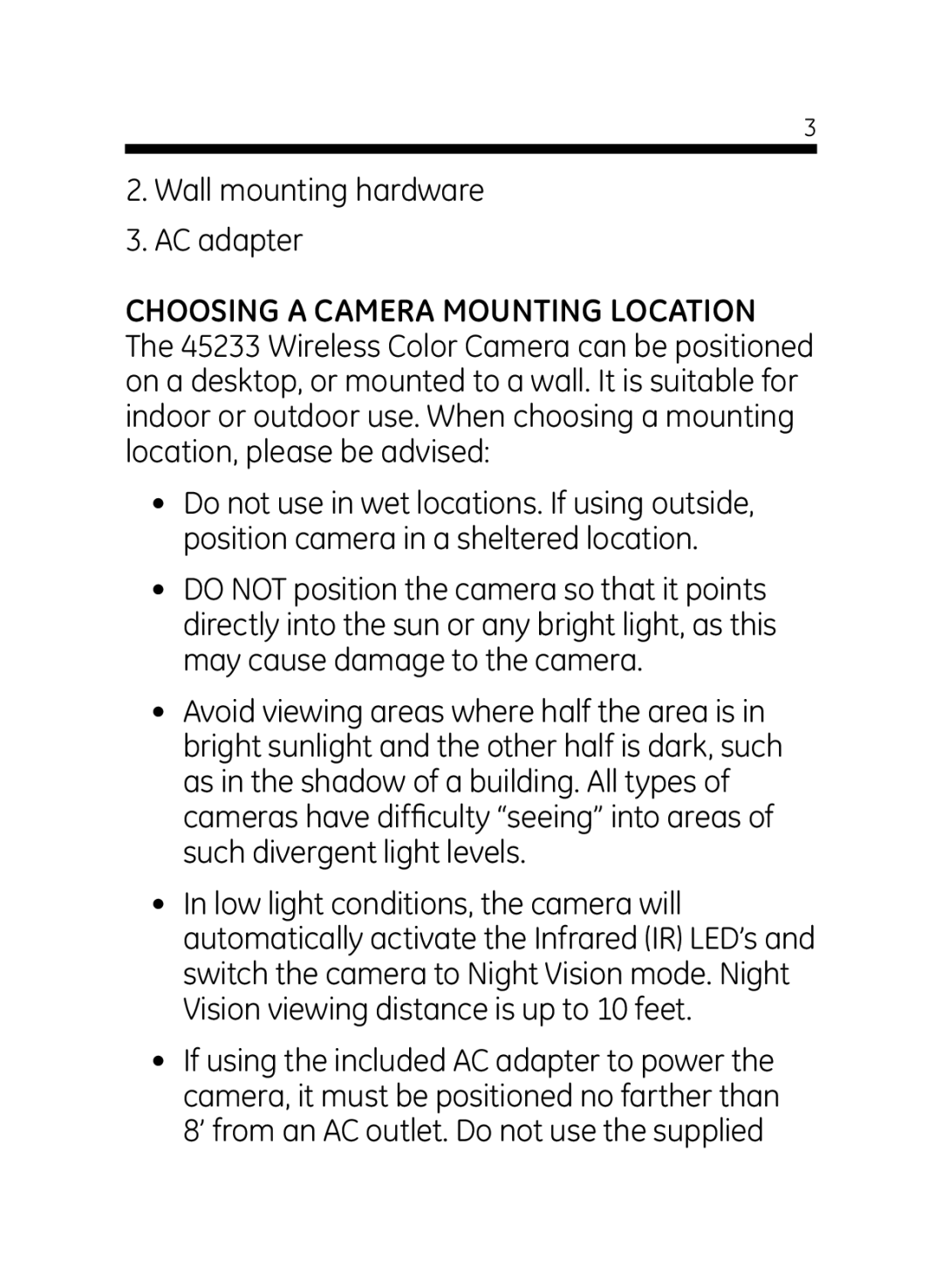 Jasco 45233 user manual Wall mounting hardware AC adapter 