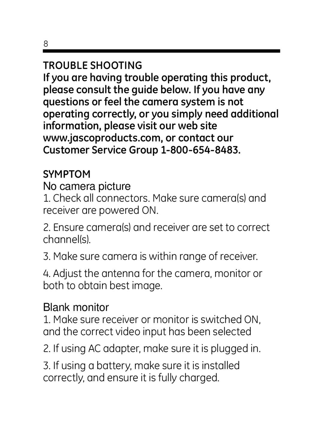 Jasco 45233 user manual Trouble Shooting Symptom, No camera picture 