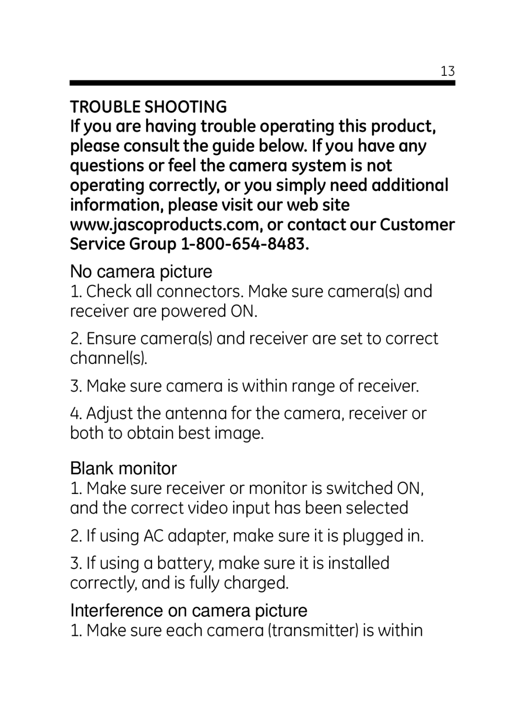 Jasco 45234 user manual Trouble Shooting, No camera picture 