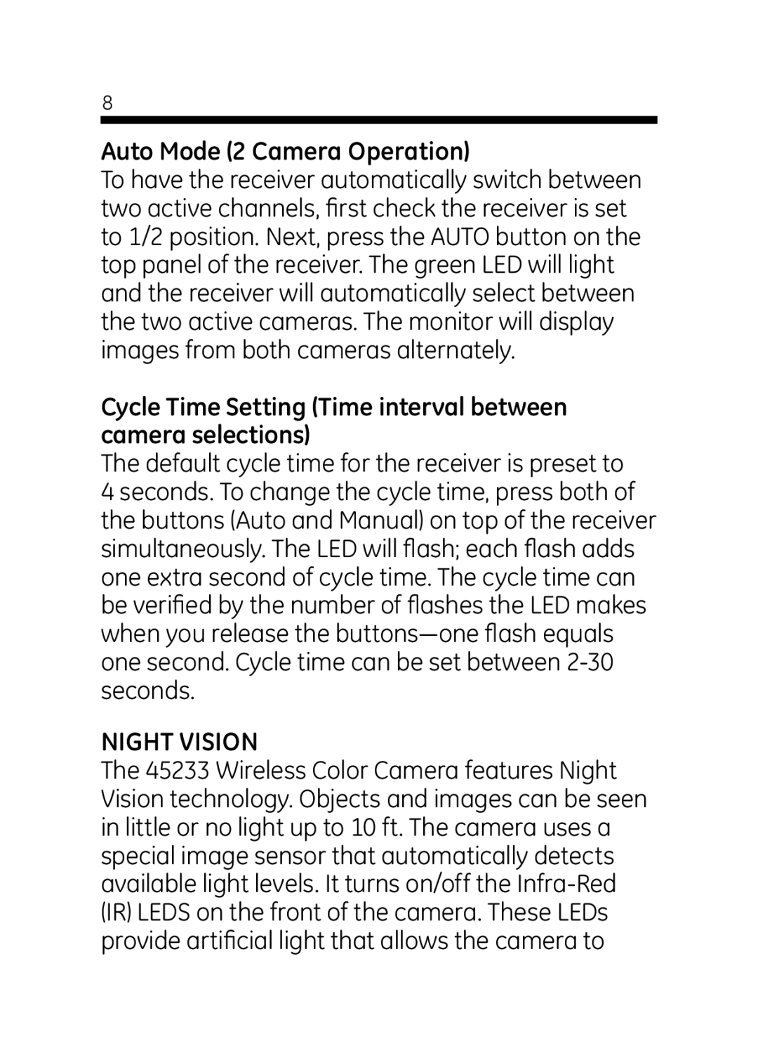 Jasco 45234 Auto Mode 2 Camera Operation, Cycle Time Setting Time interval between camera selections, Night Vision 