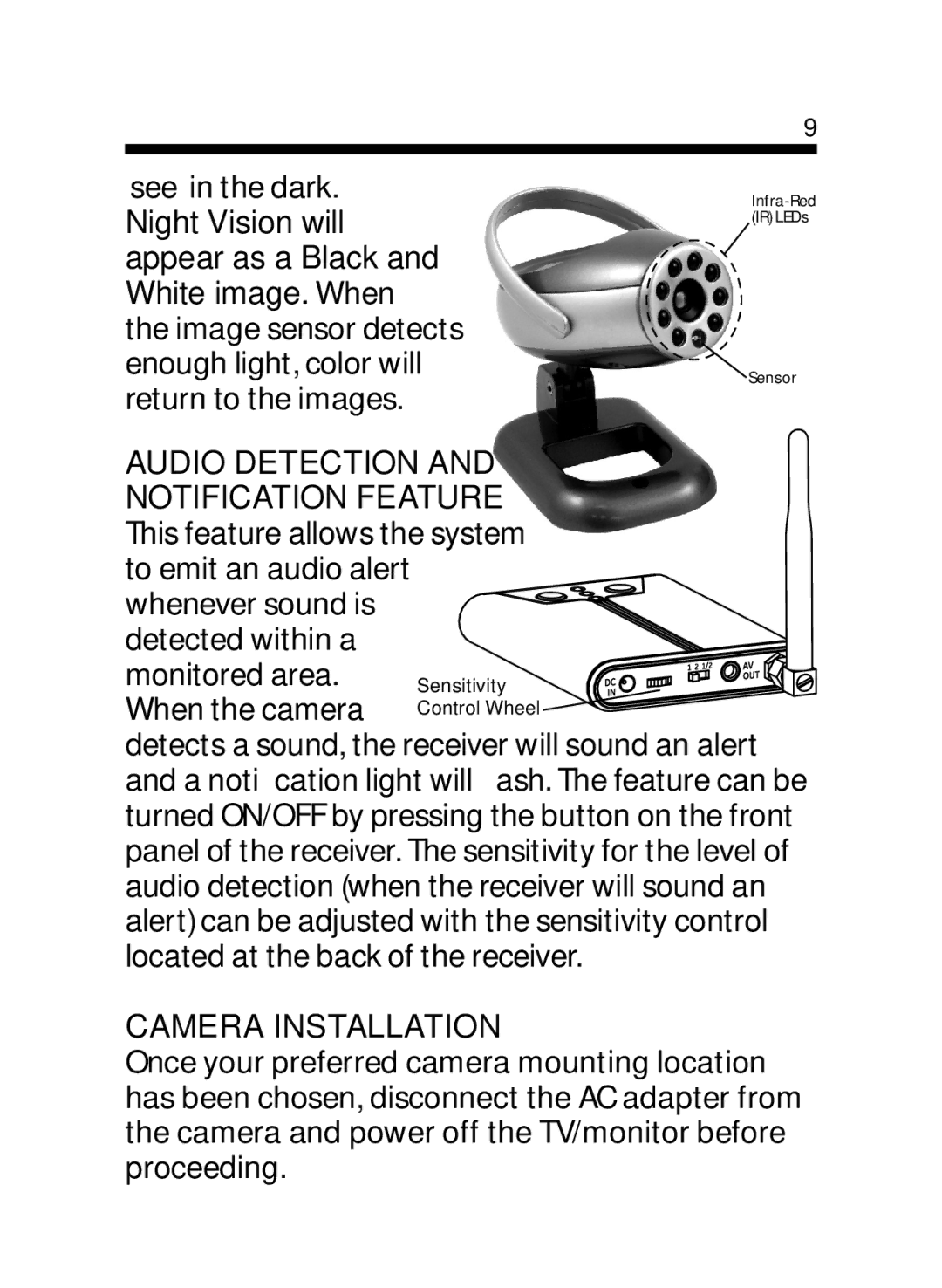 Jasco 45234 user manual Audio Detection Notification Feature, Camera Installation 