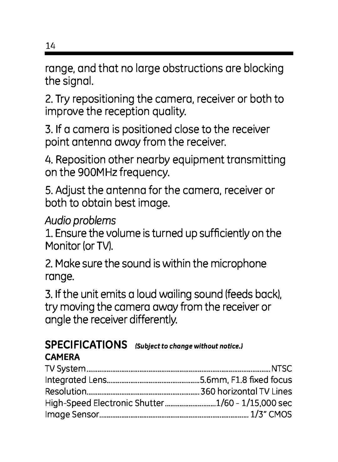 Jasco 45234 user manual Audio problems, Camera 