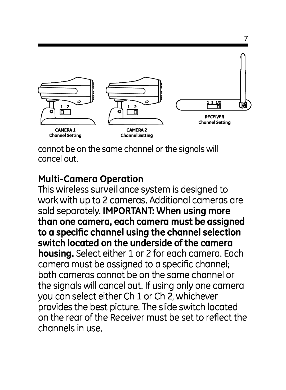Jasco 45234 user manual Multi-CameraOperation, RECEIVER Channel Setting CAMERA Channel Setting 