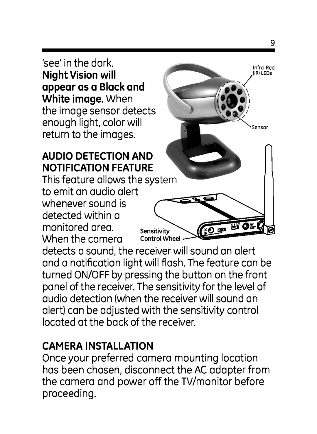 Jasco 45234 user manual Audio Detection And Notification Feature, Camera Installation 