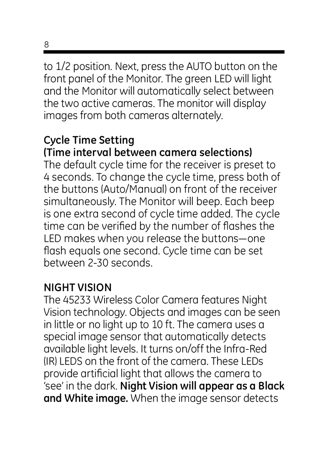 Jasco 45235 user manual Cycle Time Setting Time interval between camera selections, Night Vision 