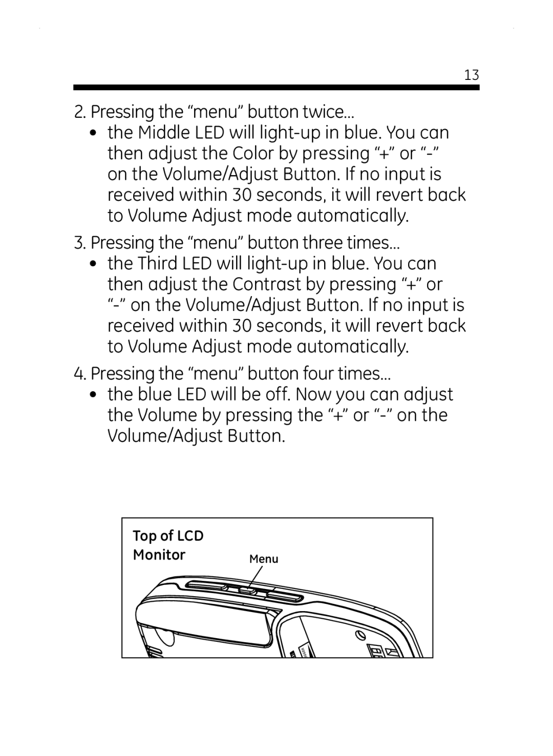 Jasco 45236 user manual Top of LCD Monitor Menu 