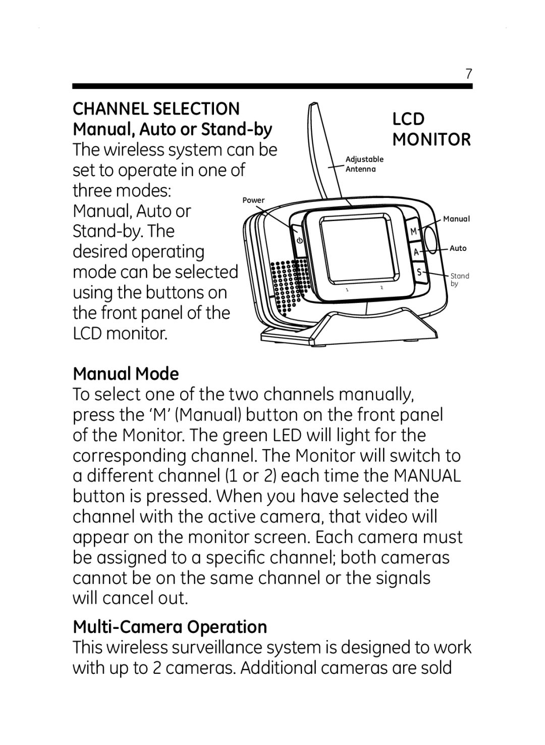 Jasco 45236 user manual LCD Monitor, Manual Mode, Multi-Camera Operation 