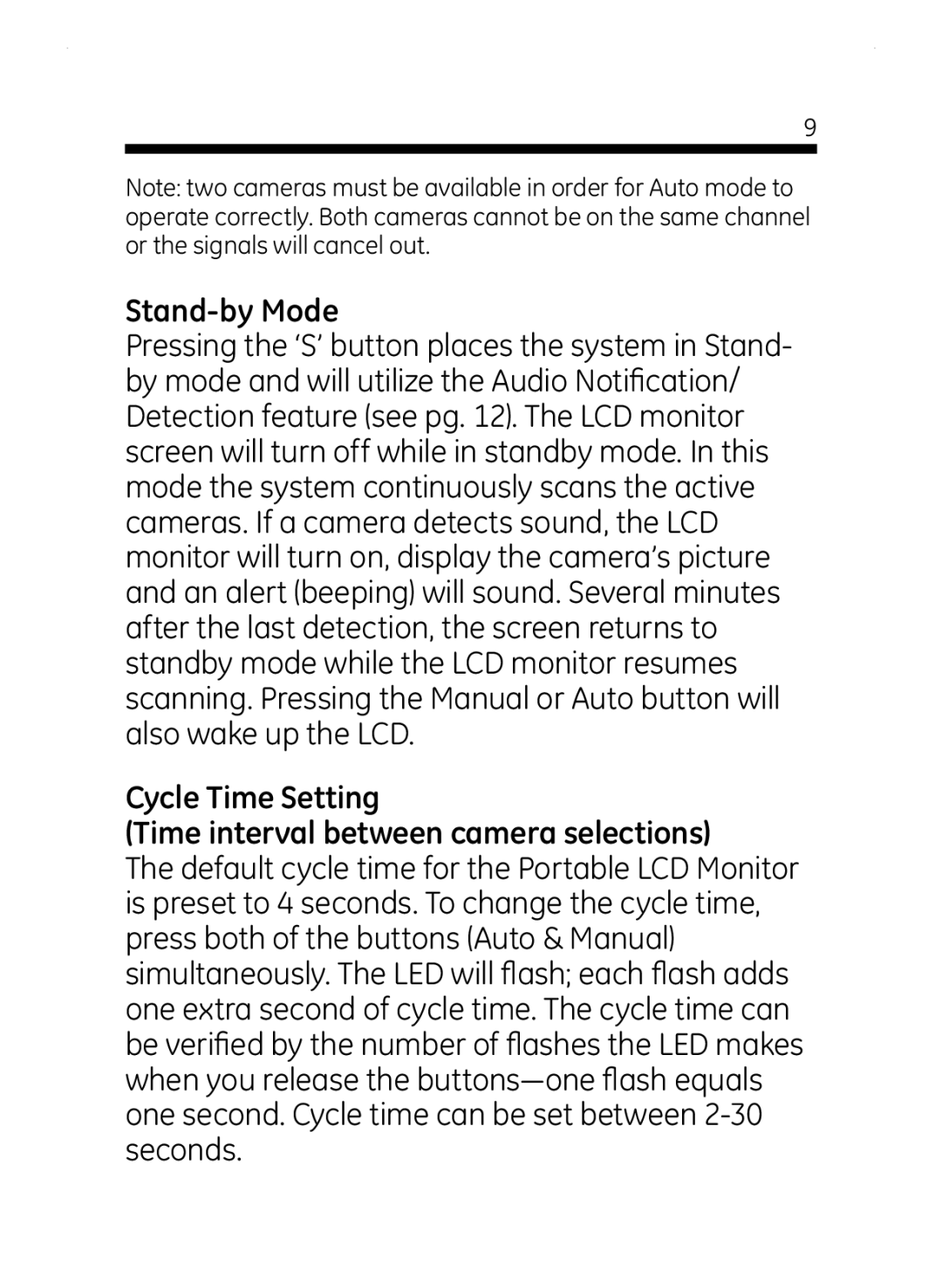 Jasco 45236 user manual Stand-by Mode, Cycle Time Setting Time interval between camera selections 