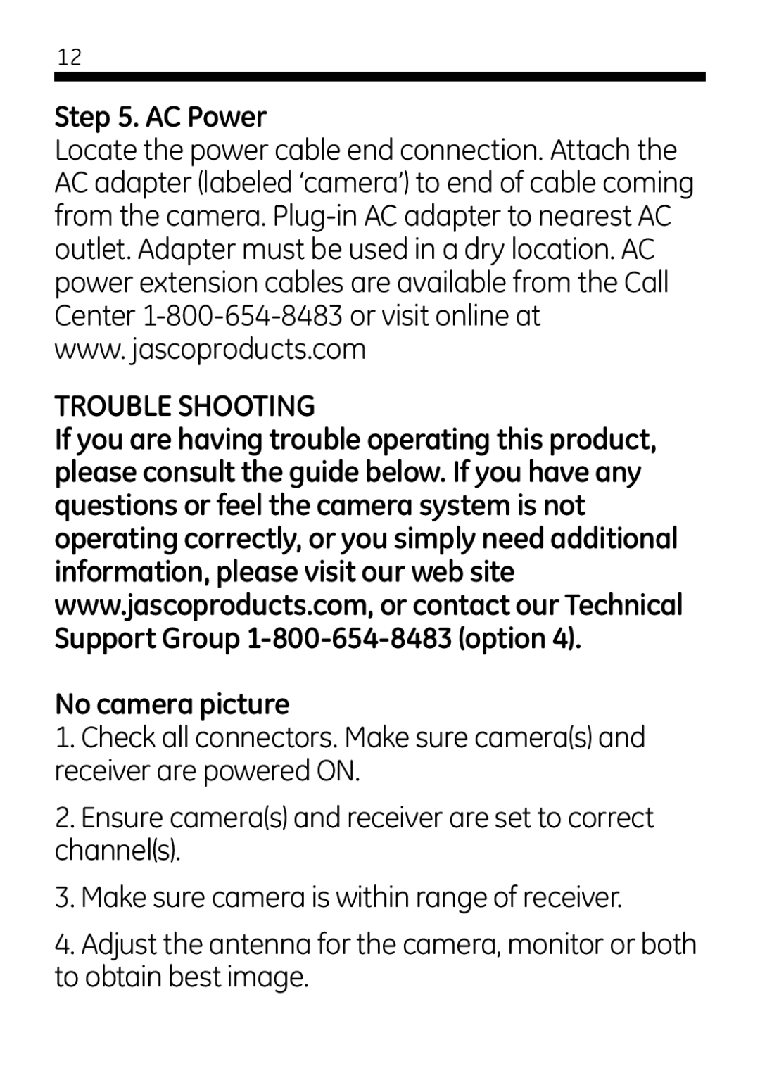 Jasco 45245 user manual AC Power, Trouble Shooting, No camera picture 