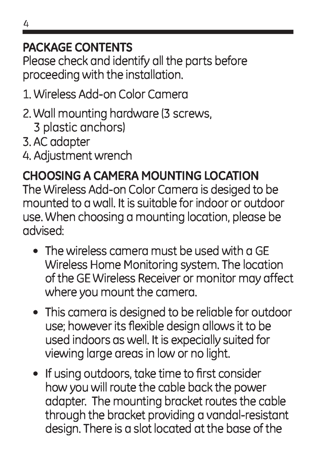 Jasco 45245 user manual Package Contents, Wireless Add-onColor Camera, AC adapter 4.Adjustment wrench 