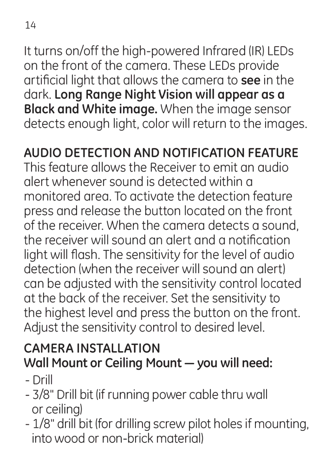 Jasco 45246 user manual Camera Installation, Wall Mount or Ceiling Mount you will need 