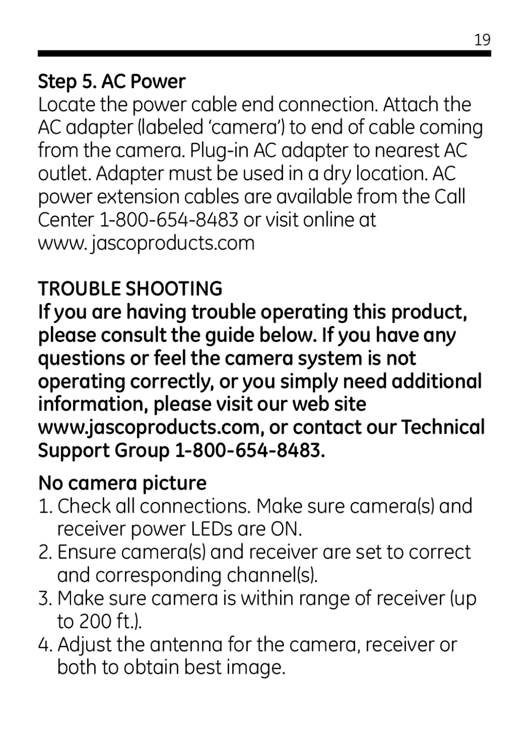 Jasco 45246 user manual AC Power, Trouble Shooting, No camera picture 