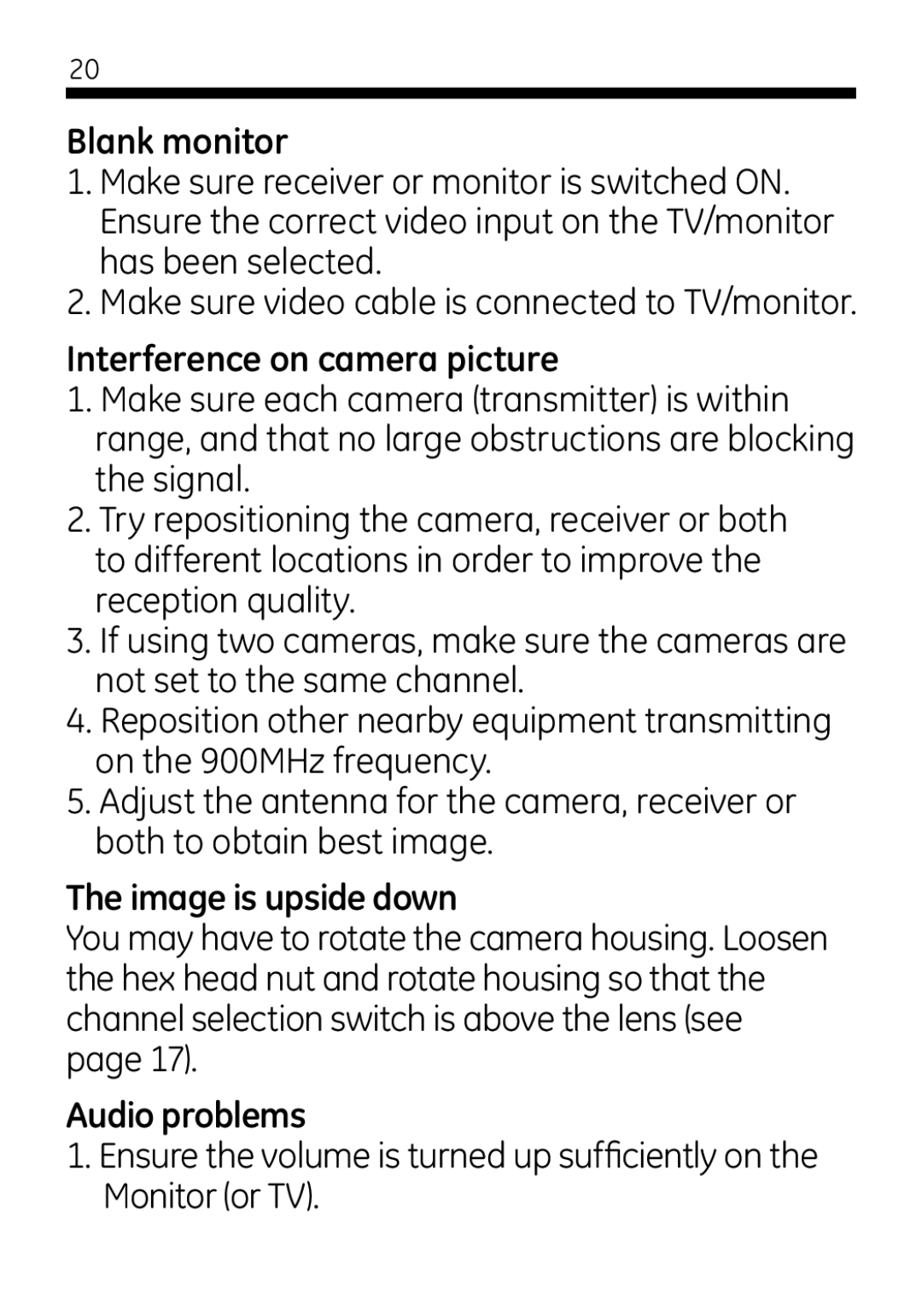 Jasco 45246 user manual Blank monitor, Interference on camera picture, Image is upside down, Audio problems 