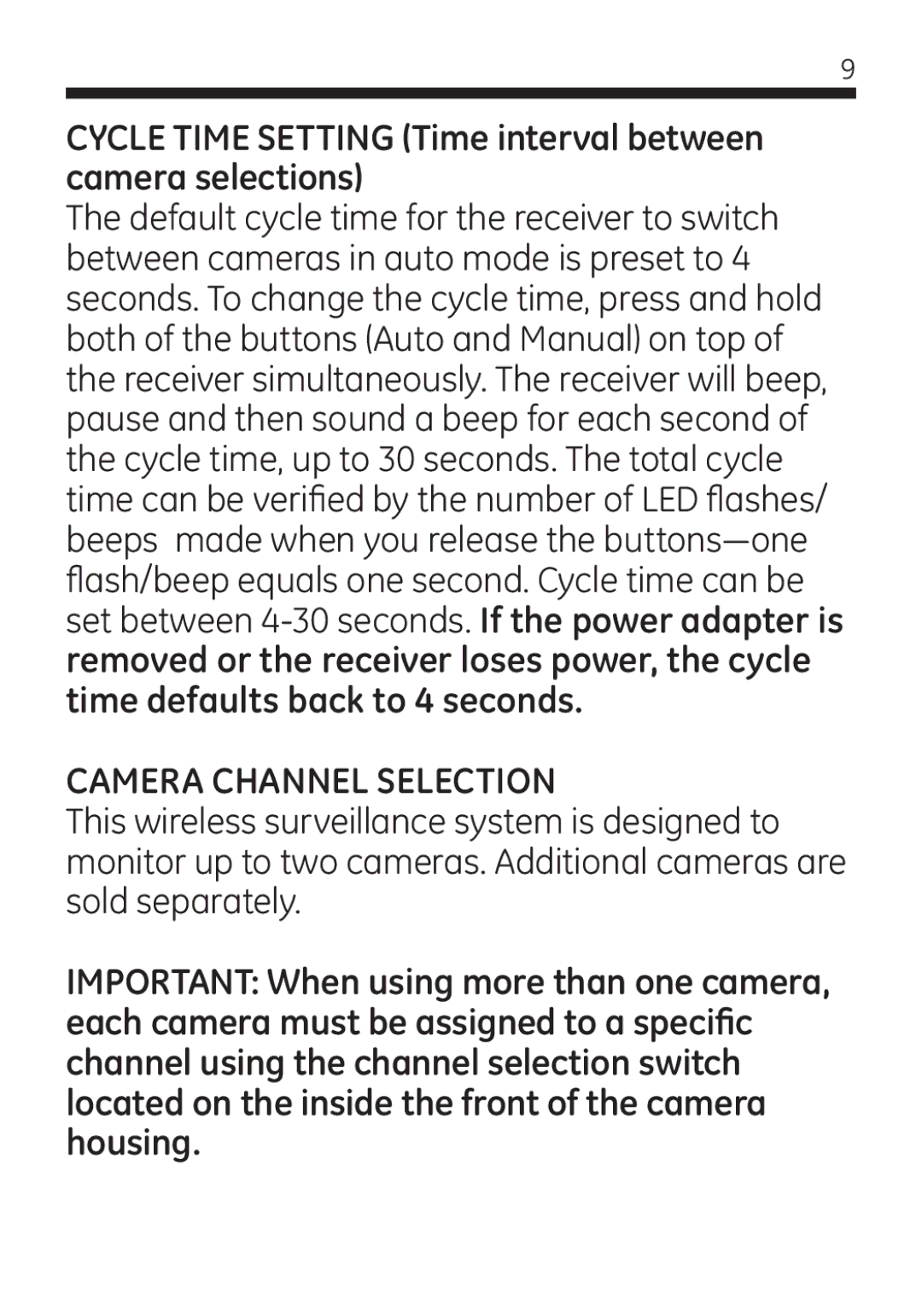 Jasco 45246 user manual Cycle Time Setting Time interval between camera selections, Camera Channel Selection 