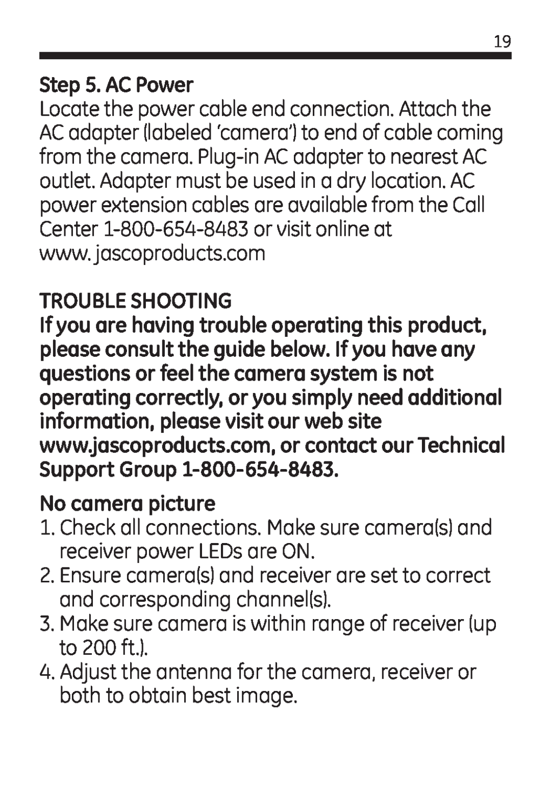 Jasco 45246 user manual AC Power, Trouble Shooting, No camera picture 