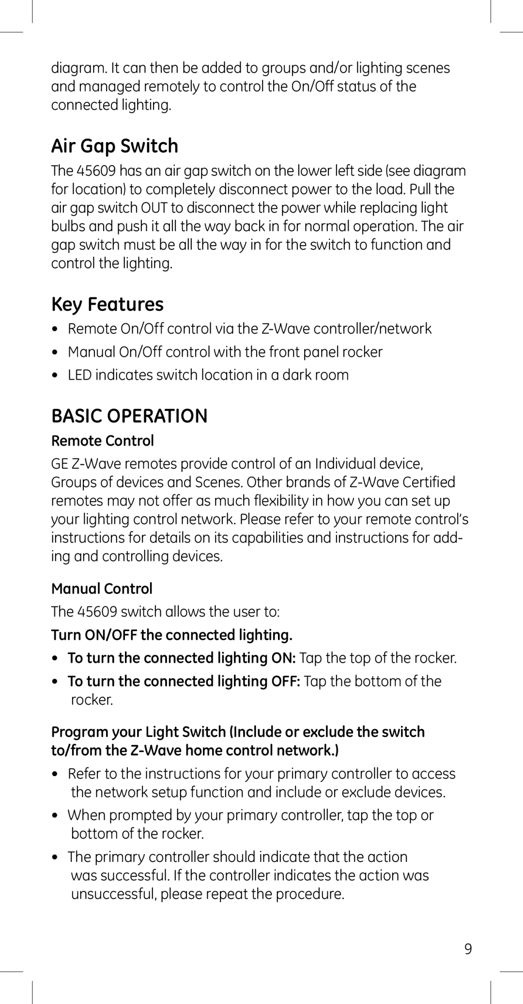 Jasco 45609 manual Air Gap Switch, Key Features, Basic Operation, Remote Control, Manual Control 