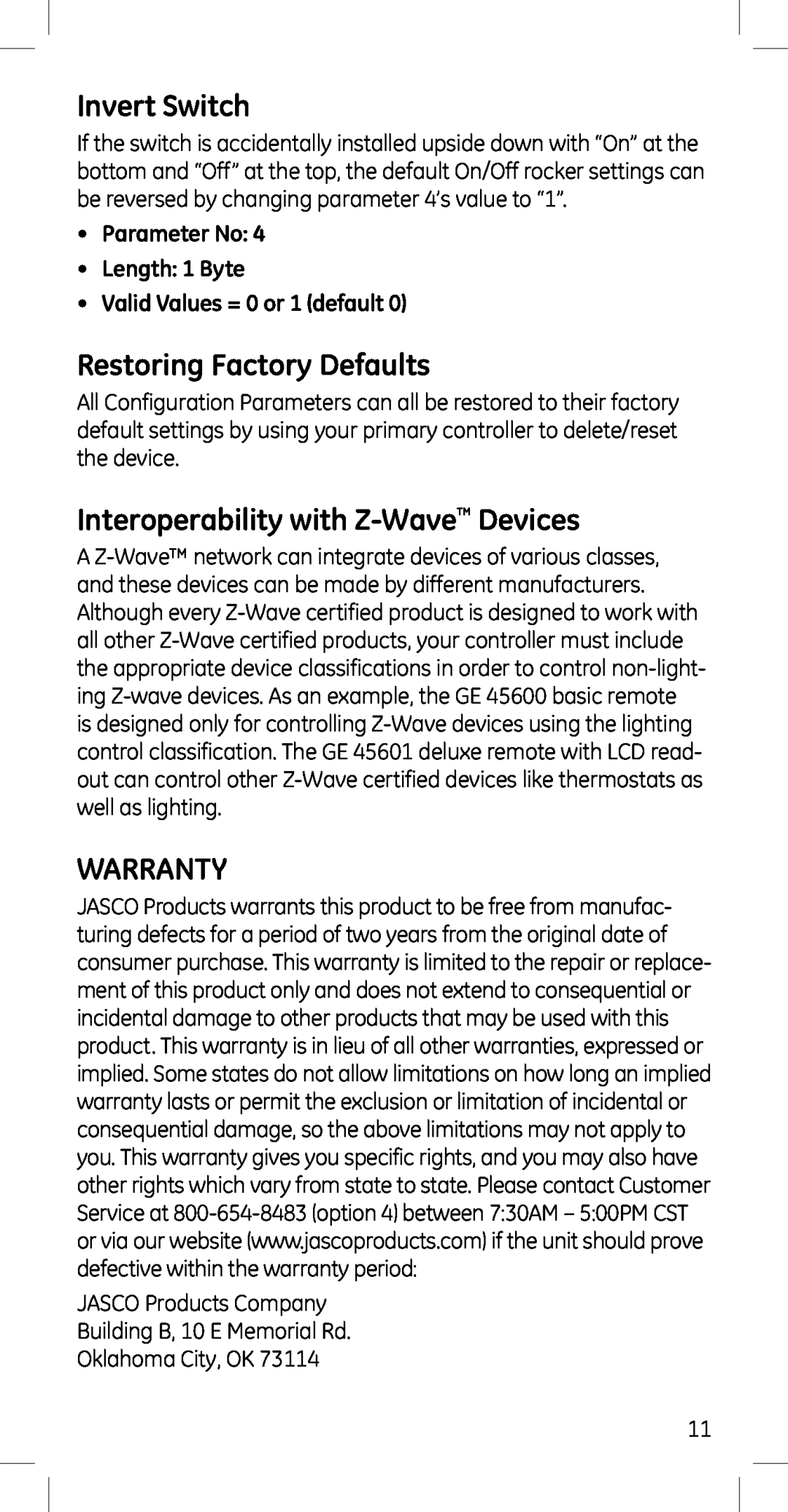 Jasco 45609 manual Invert Switch, Restoring Factory Defaults, Interoperability with Z-Wave Devices, Warranty 