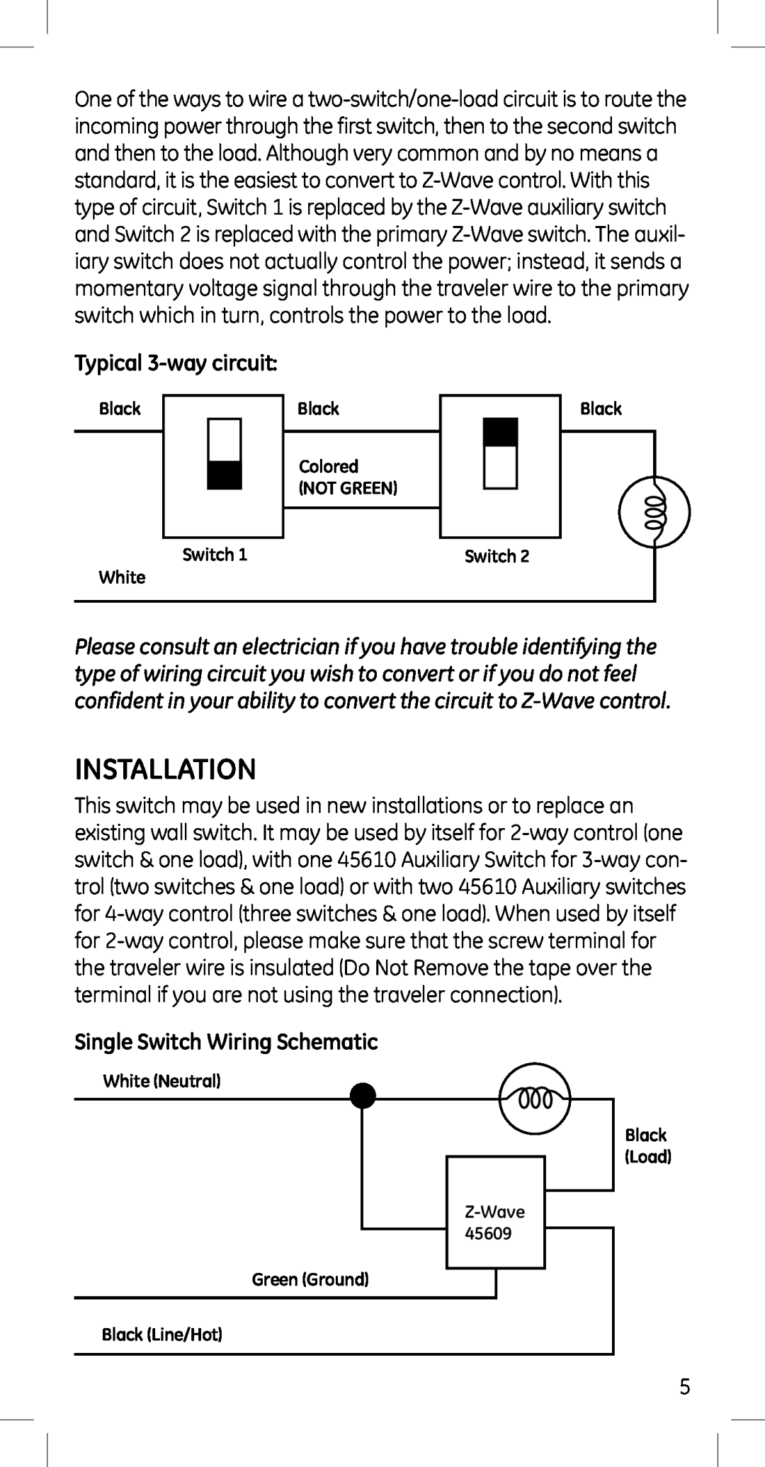 Jasco 45609 manual Installation, Single Switch Wiring Schematic, Typical 3-waycircuit 
