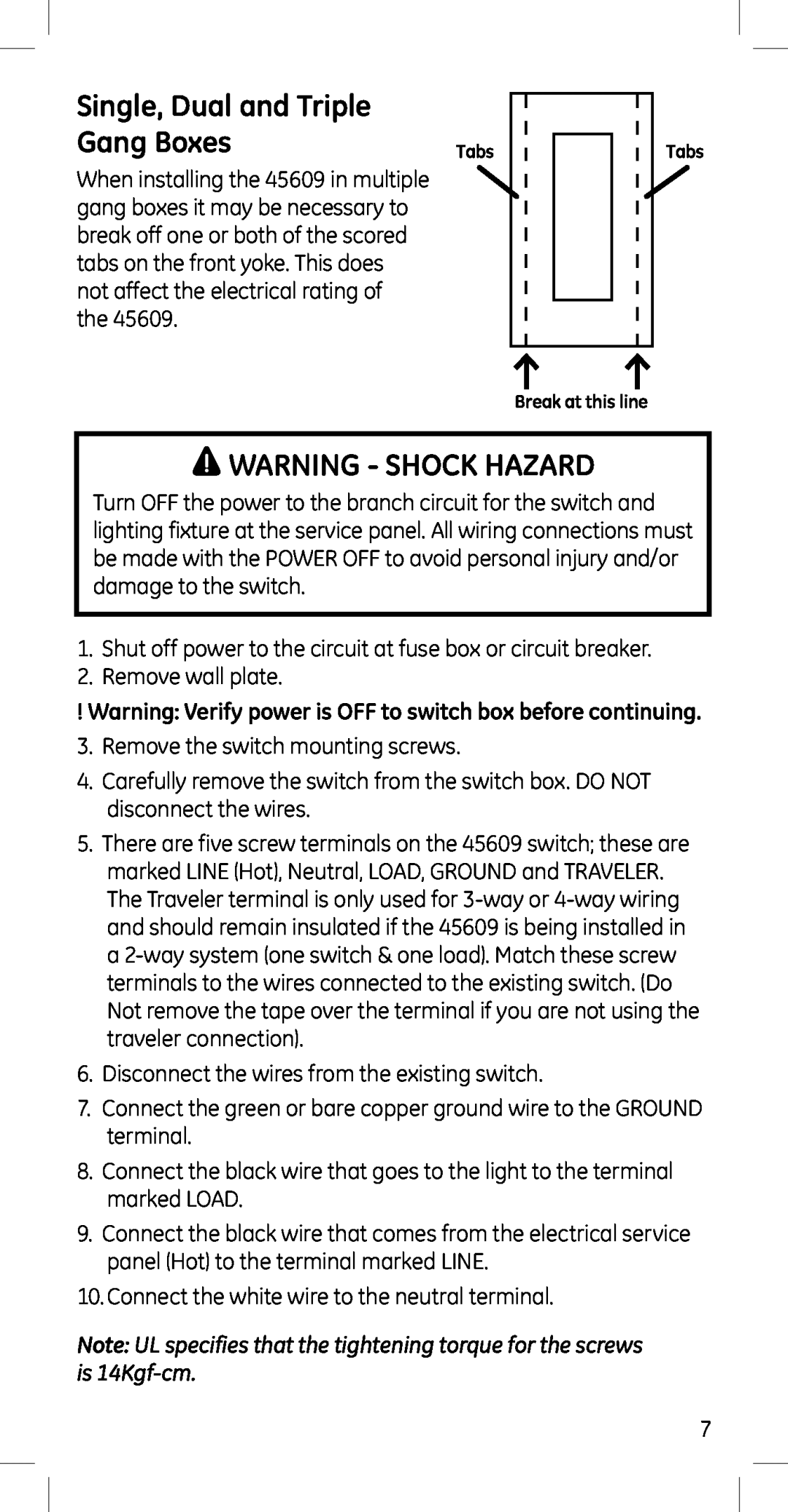 Jasco 45609 manual Single, Dual and Triple, Gang Boxes, Warning - Shock Hazard 