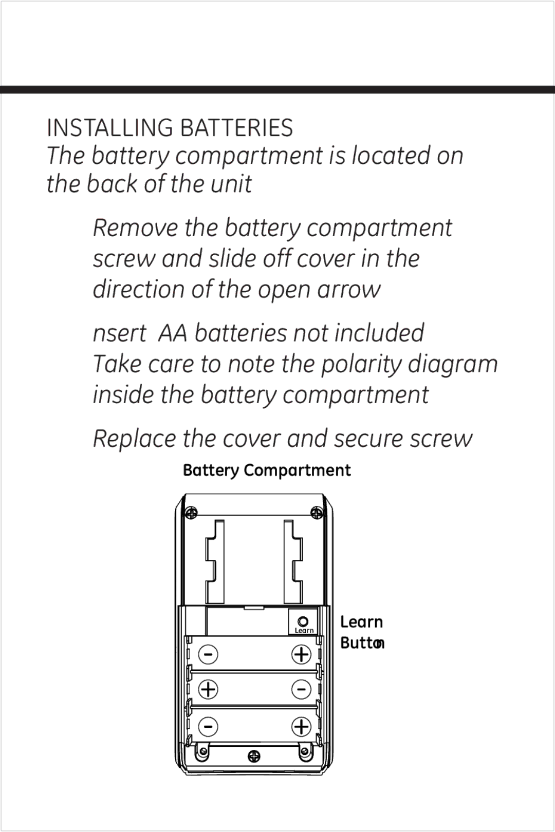 Jasco 51209 user manual Installing Batteries 