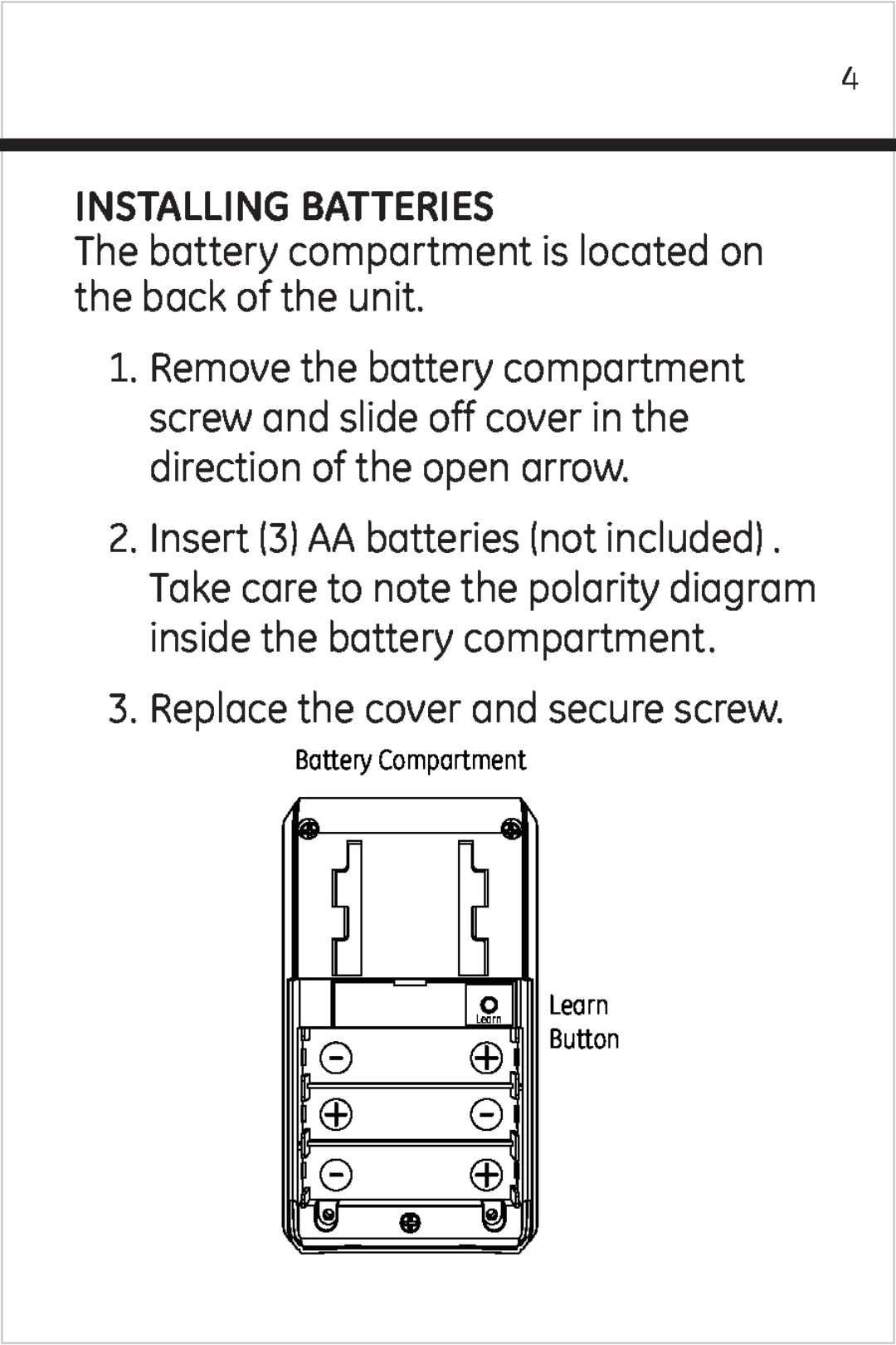 Jasco 51209 user manual Installing Batteries 